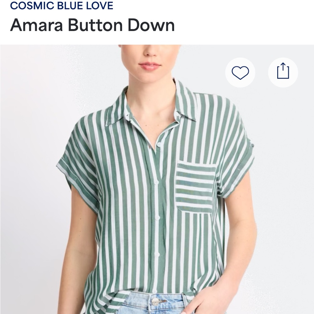 Cosmic Blue Love Green Striped Button Down Blouse